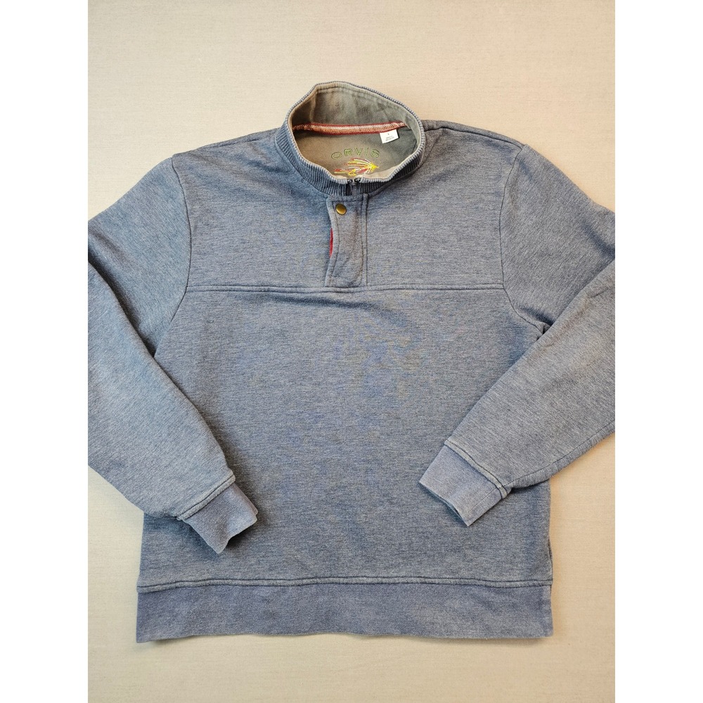Orvis Mens Blue Pullover Sweatshirt Mock Neck Snap Button Fly Fishing Size L